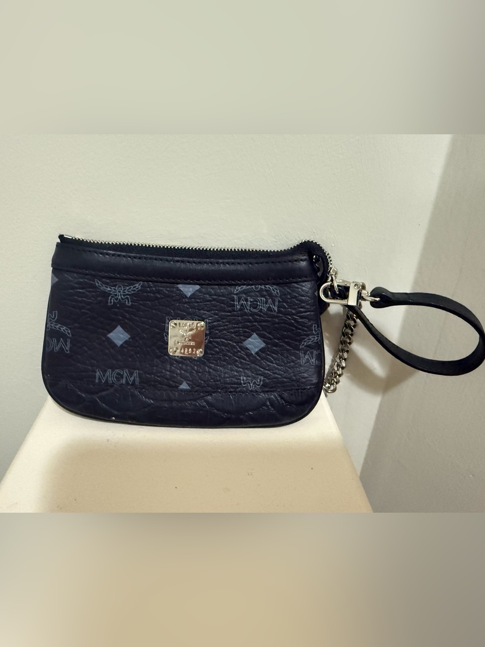 MCM Black Leather Logo Wristlet with Silver Hardware